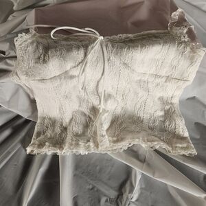 Edikted White Crop Top with Smocked Bodice and Lace Trim